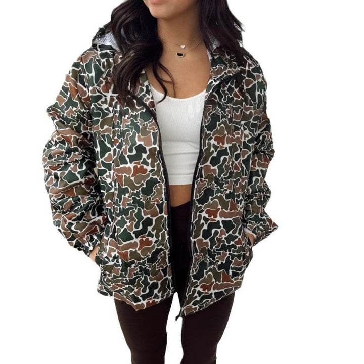 Elevate Your Outdoor Experience with the Camouflage Long Sleeve Zipper Rain Jacket for Women